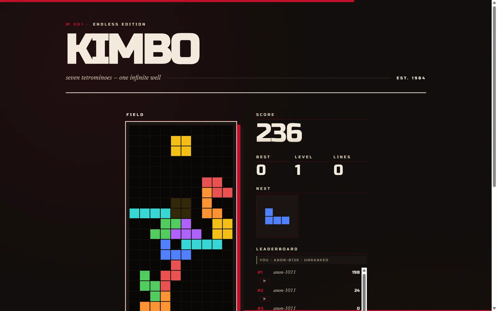 Kimbo &mdash; dark editorial browser Tetris UI with leaderboard
