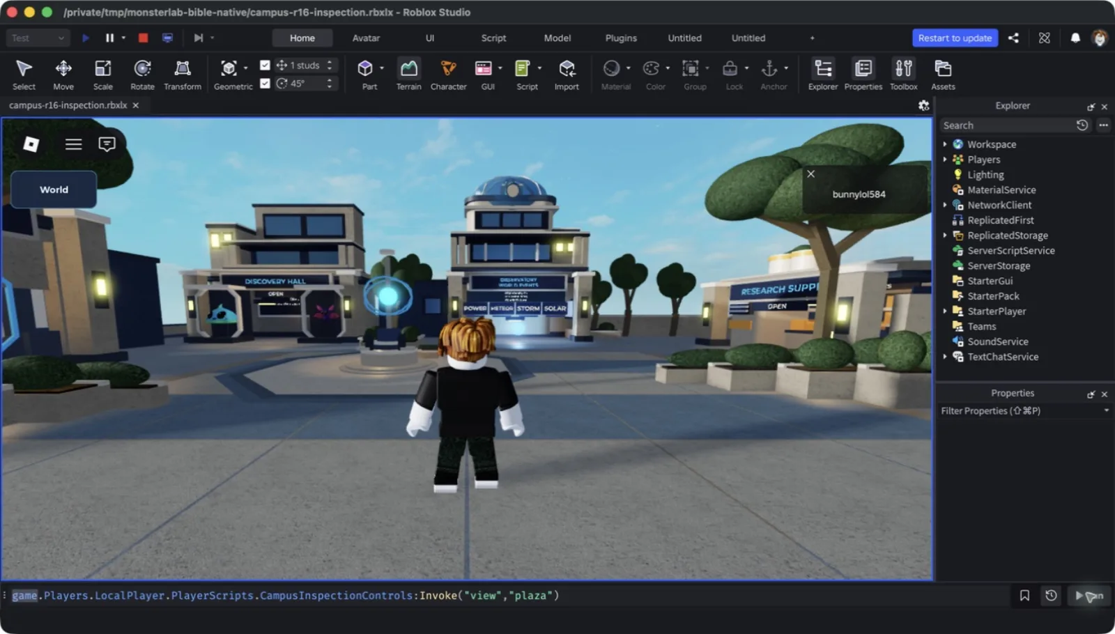 Monster Lab &mdash; Central Campus social hub captured in Roblox Studio
