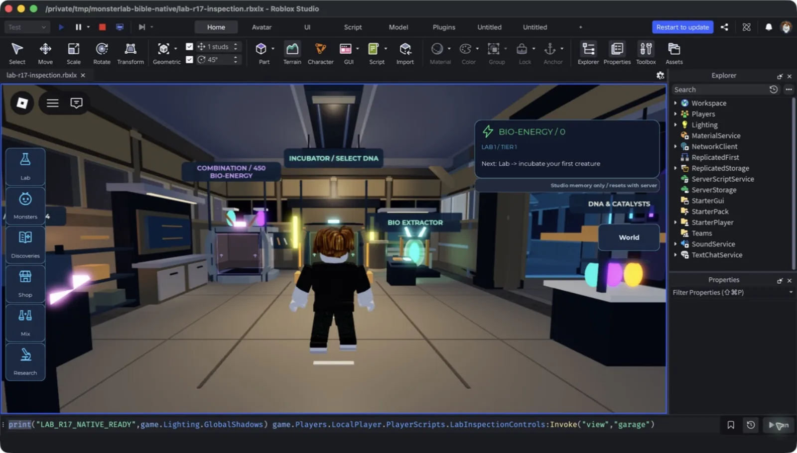 Personal Lab Garage in Roblox Studio: warm compact workshop with shaped equipment